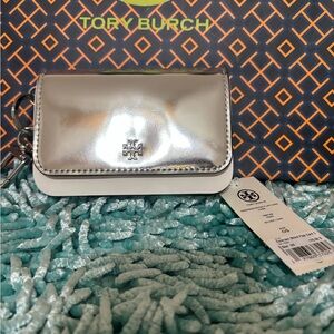 Authentic and Brand New Emerson Tory Burch Flap Card Case Metallic Silver